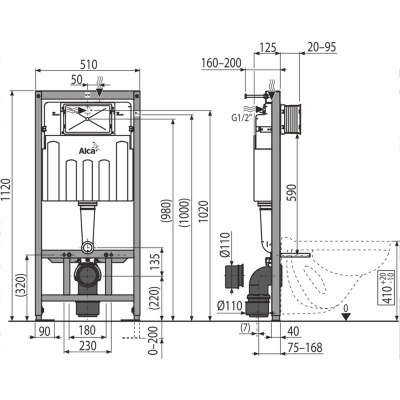 Система инсталляции AlcaPlast Sadromodul 4 в 1 AM101/1120+M071+M91 с кнопкой