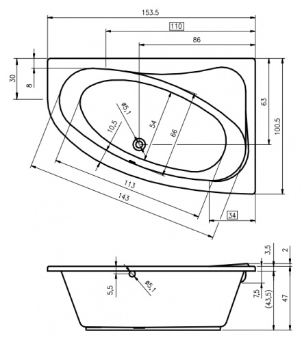 Акриловая ванна Riho Lyra 153x100 BA6800500000000, левая