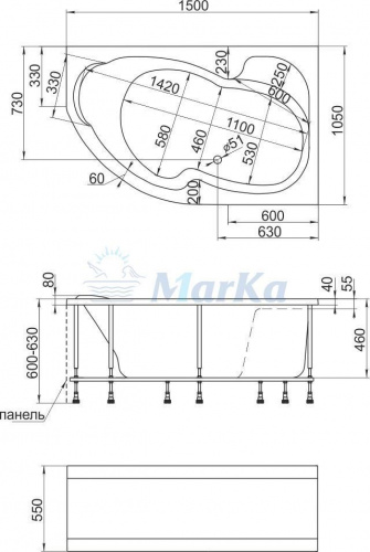 Акриловая ванна 1MarKa Aura 150x105 R