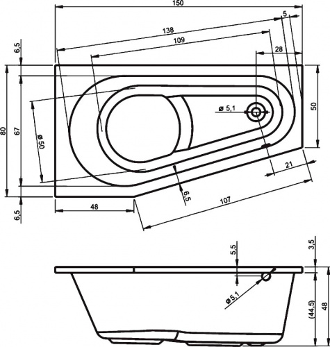 Акриловая ванна Riho Delta 150x80 BB8000500000000, правая