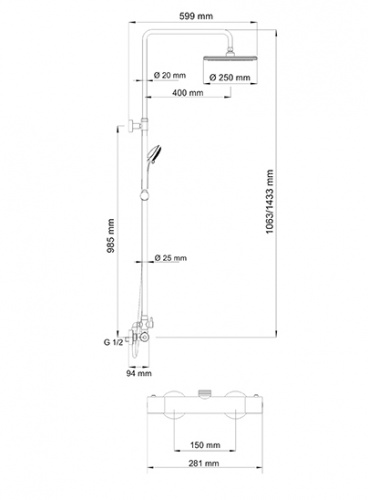 A13302 Thermo Душевой комплект со смесителем для душа, 106/144х60 см