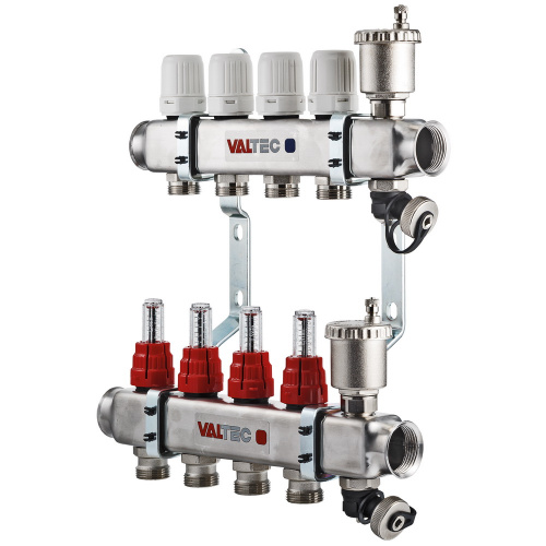 Коллекторная группа Valtec НЕРЖ со встр. расх. в сборе, 1"х4 вых. Евроконус 3/4"