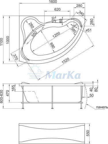 Акриловая ванна 1MarKa Catania 160x110 L
