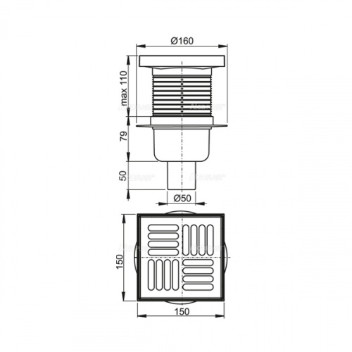 Сливной трап AlcaPlast APV6411 150x150/50 с гидрозатвором